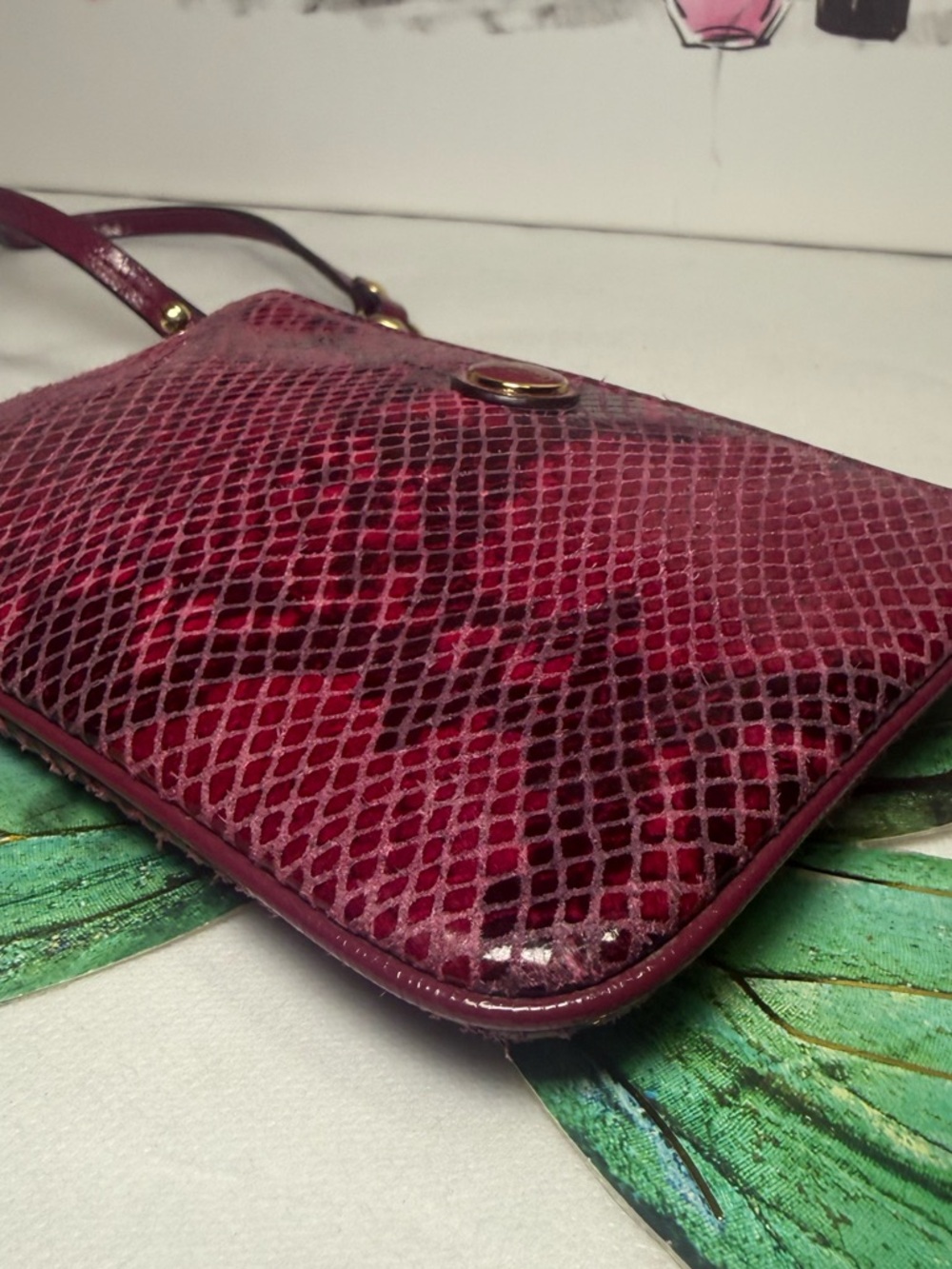 Coach Burgundy Snakeskin Embossed Wristlet Gold Hardware 6x4in - Picture 8 of 14